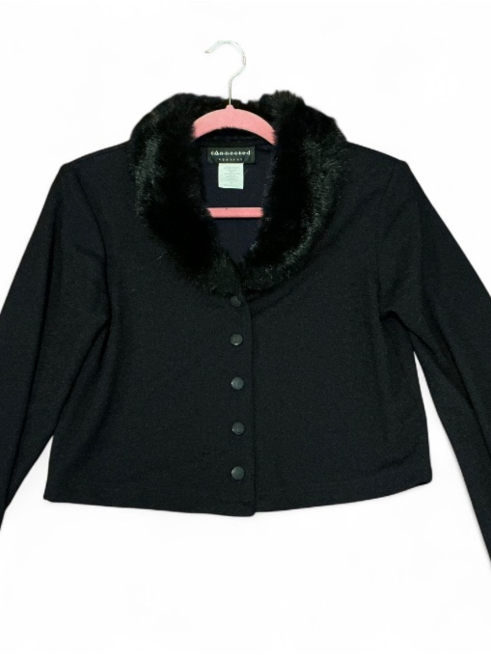 Vintage 90s Connected Apparel Dark Navy cardigan with Black faux fur